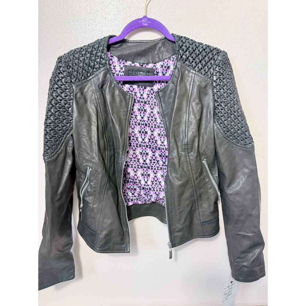 Sample Black Lamb Leather Moto Jacket Woven Shoulder Detail Women's Medium
